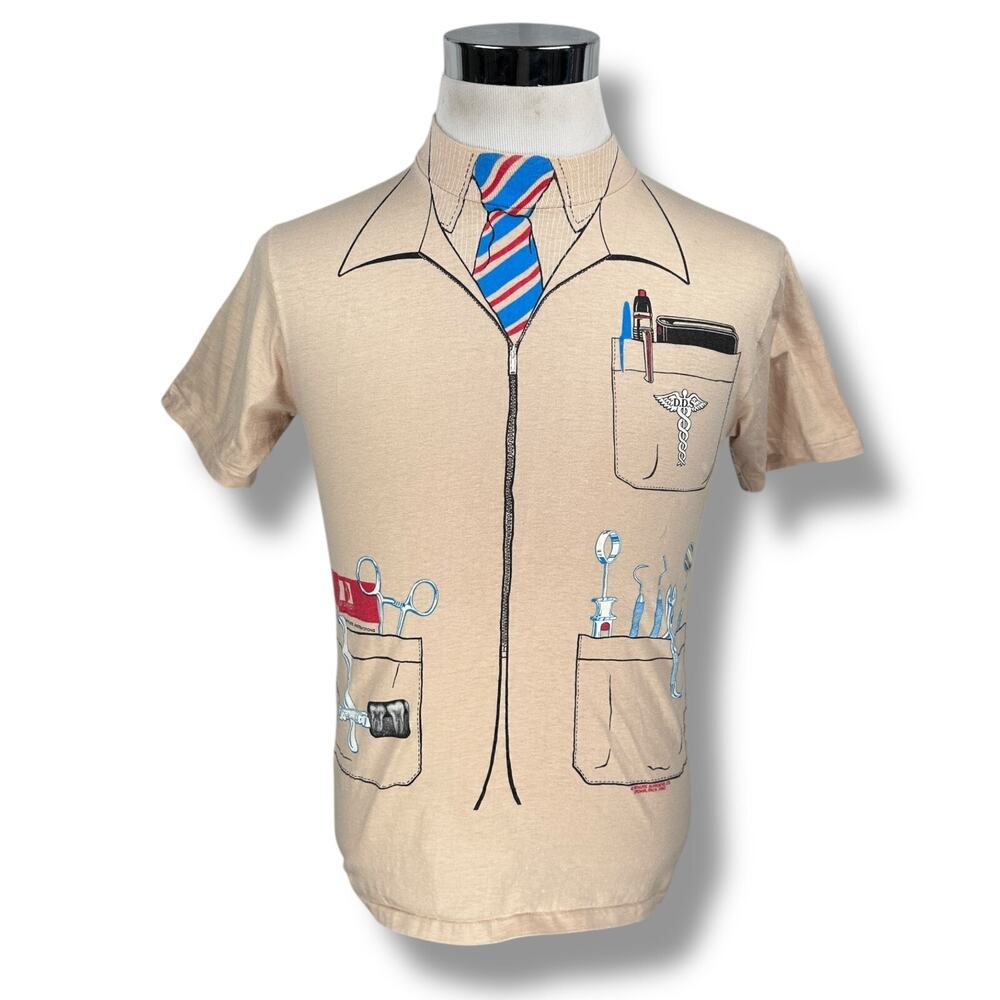 Vintage Fake Tie Tools Dentist T-Shirt Men’s Medium Beige Hanes‎ Beefy-T 80s USA